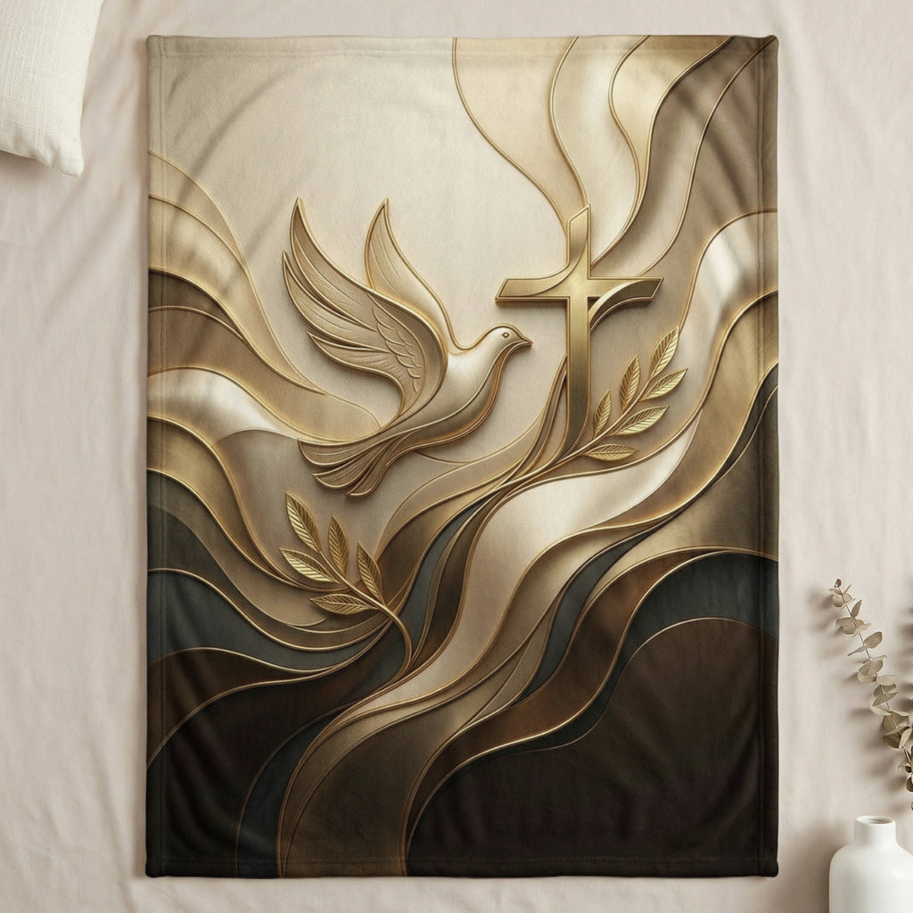 Golden dove and cross with olive branches on wavy, textured background.