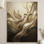 Golden dove and cross with olive branches on wavy, textured background.