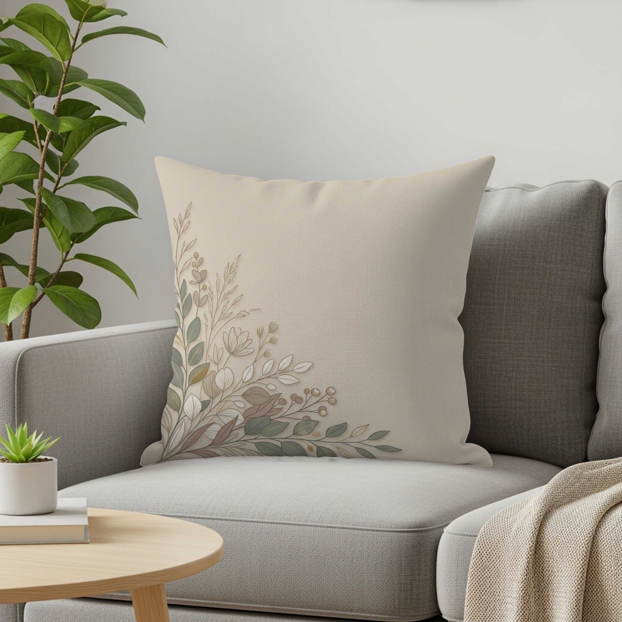 Light beige throw pillow with a delicate botanical design in the corner.