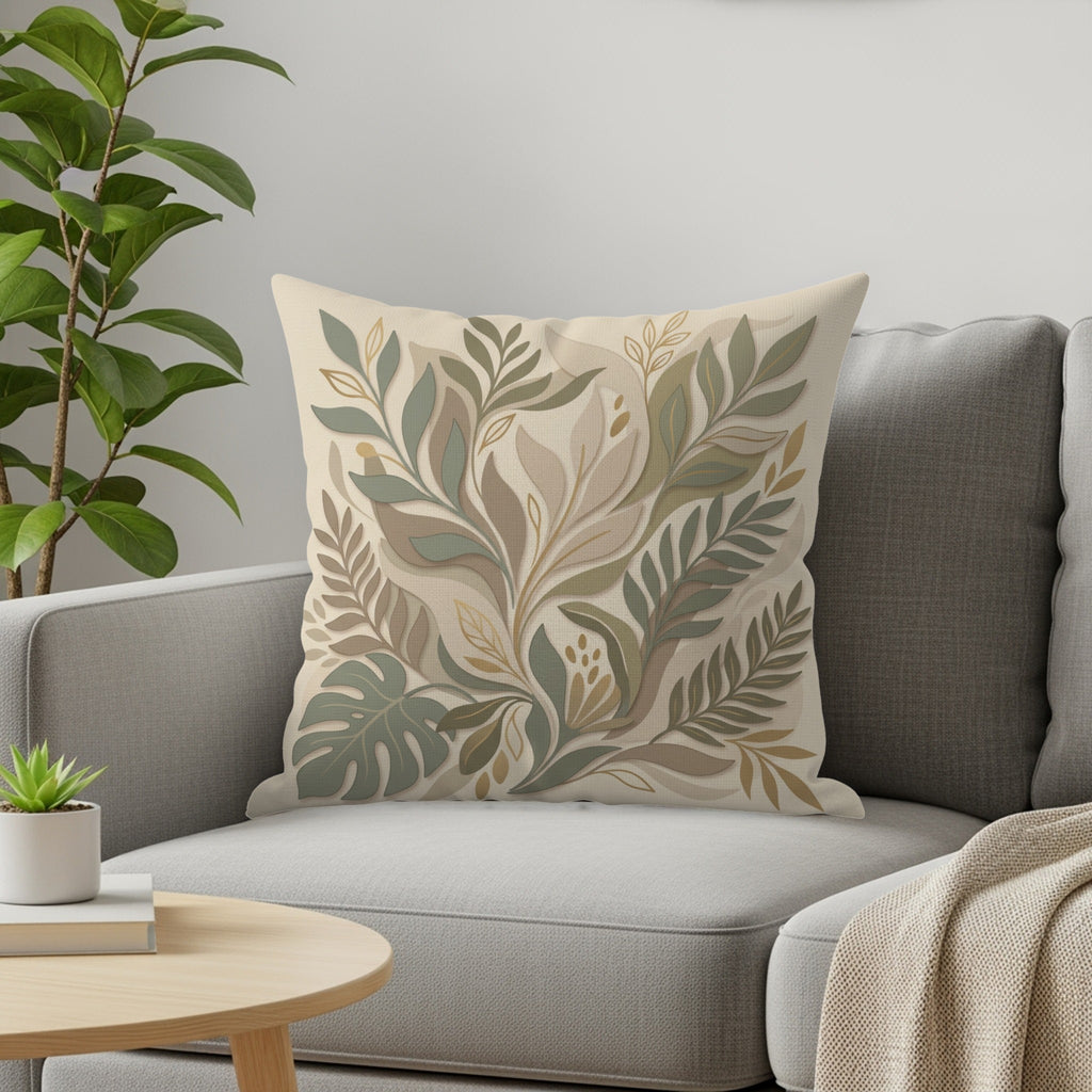 Decorative pillow with botanical leaf pattern on a sofa.