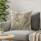 Decorative pillow with botanical leaf pattern on a sofa.