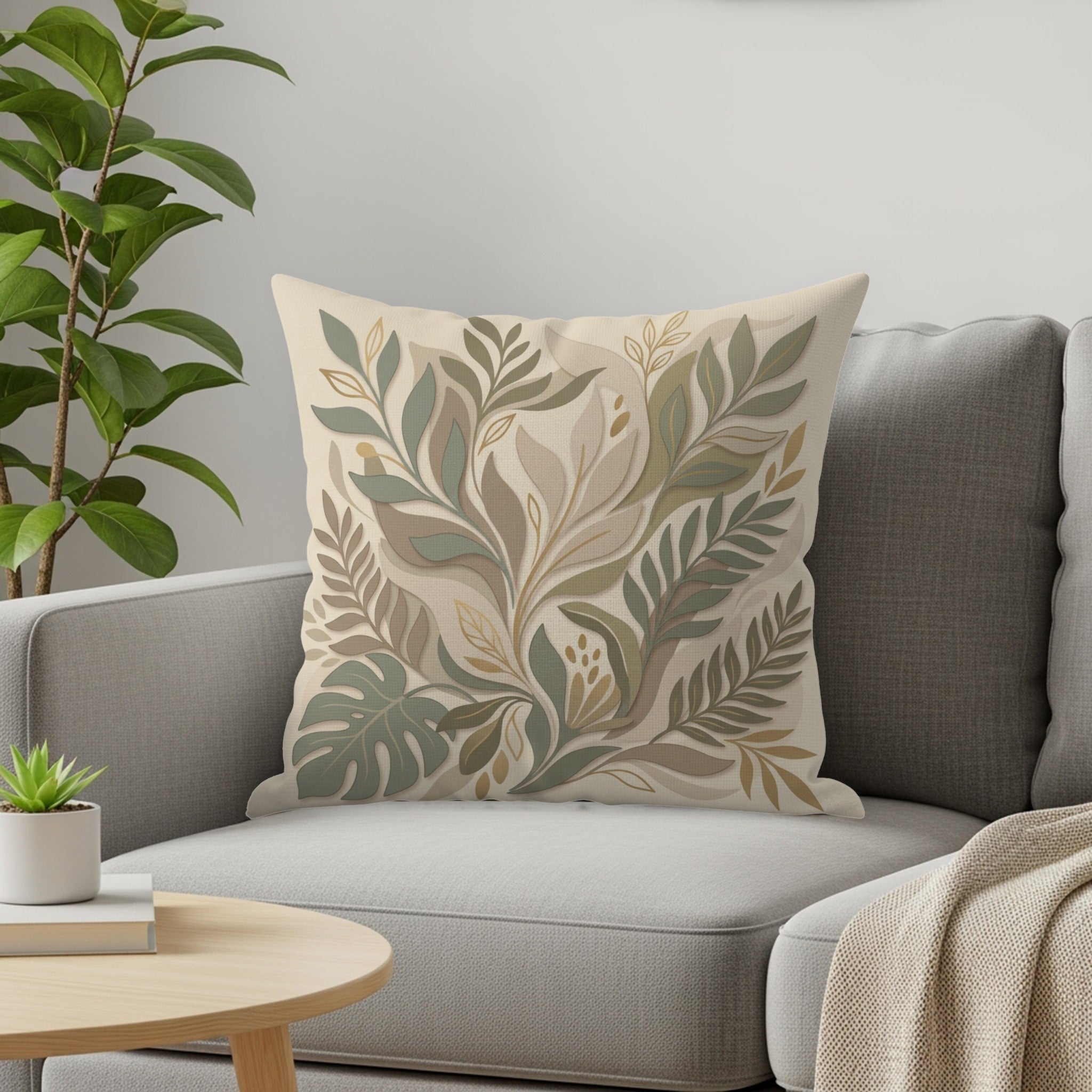 Decorative pillow with botanical leaf pattern on a sofa.