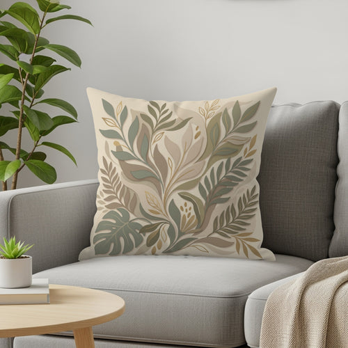 Decorative pillow with botanical leaf pattern on a sofa.