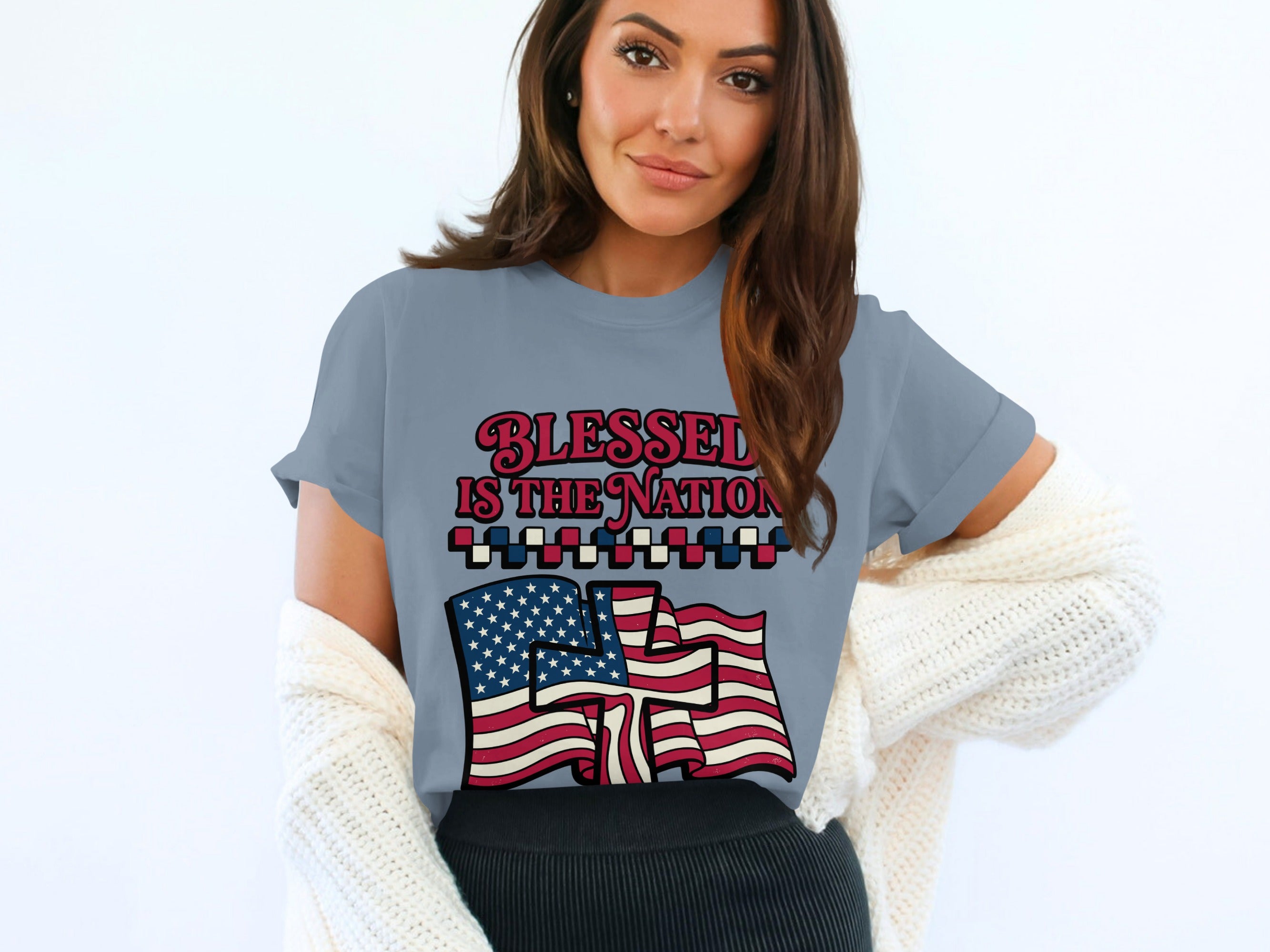 Grey t-shirt with "Blessed is the Nation" and American flags.