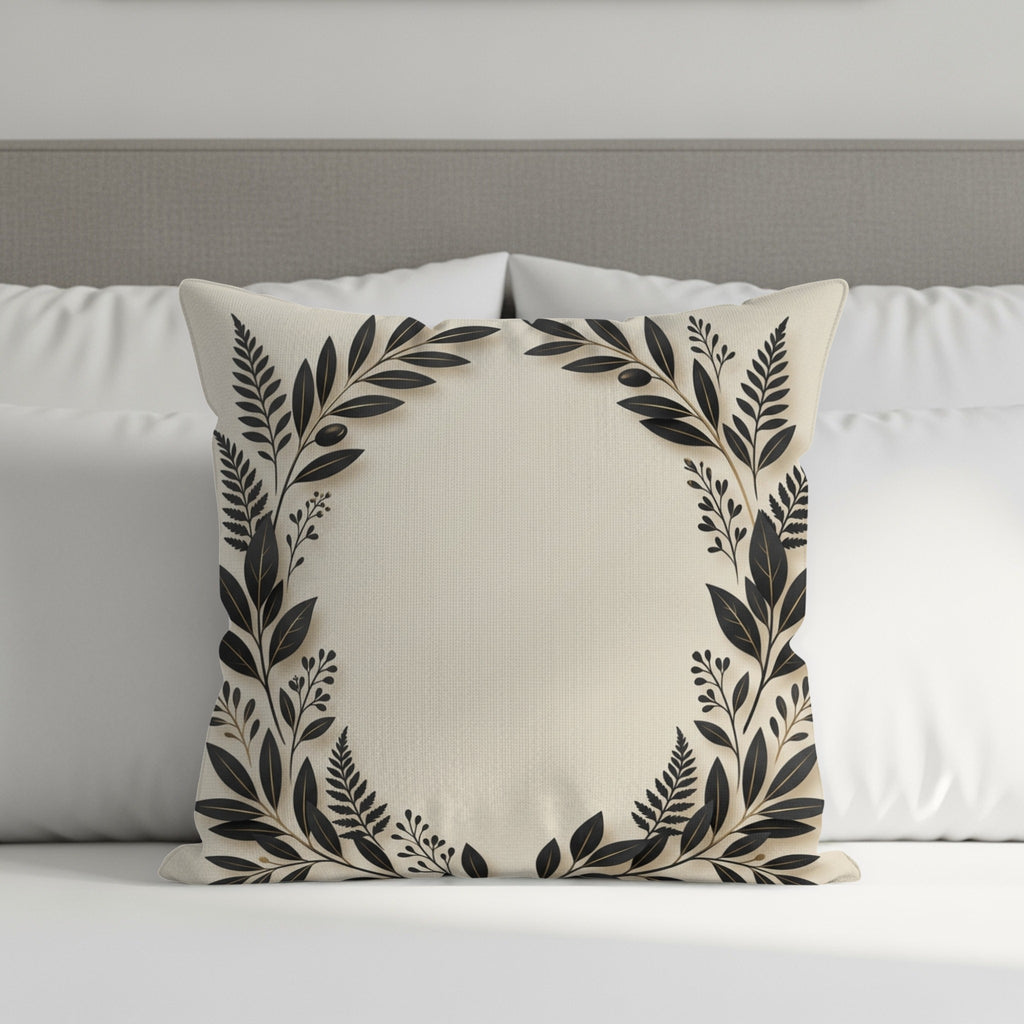 Cream throw pillow with dark leaf wreath design on a bed.