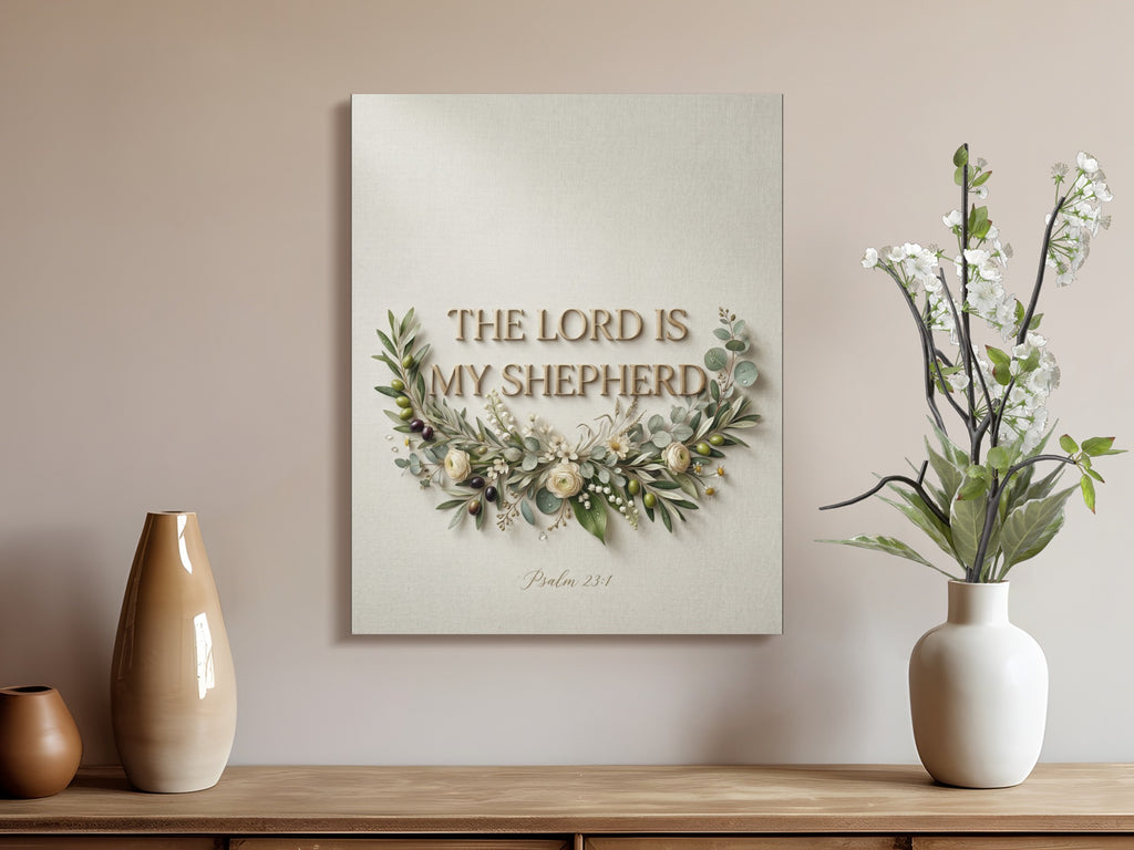 Canvas wall art with "The Lord is My Shepherd" text and floral wreath.
