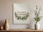 Canvas wall art with "The Lord is My Shepherd" text and floral wreath.