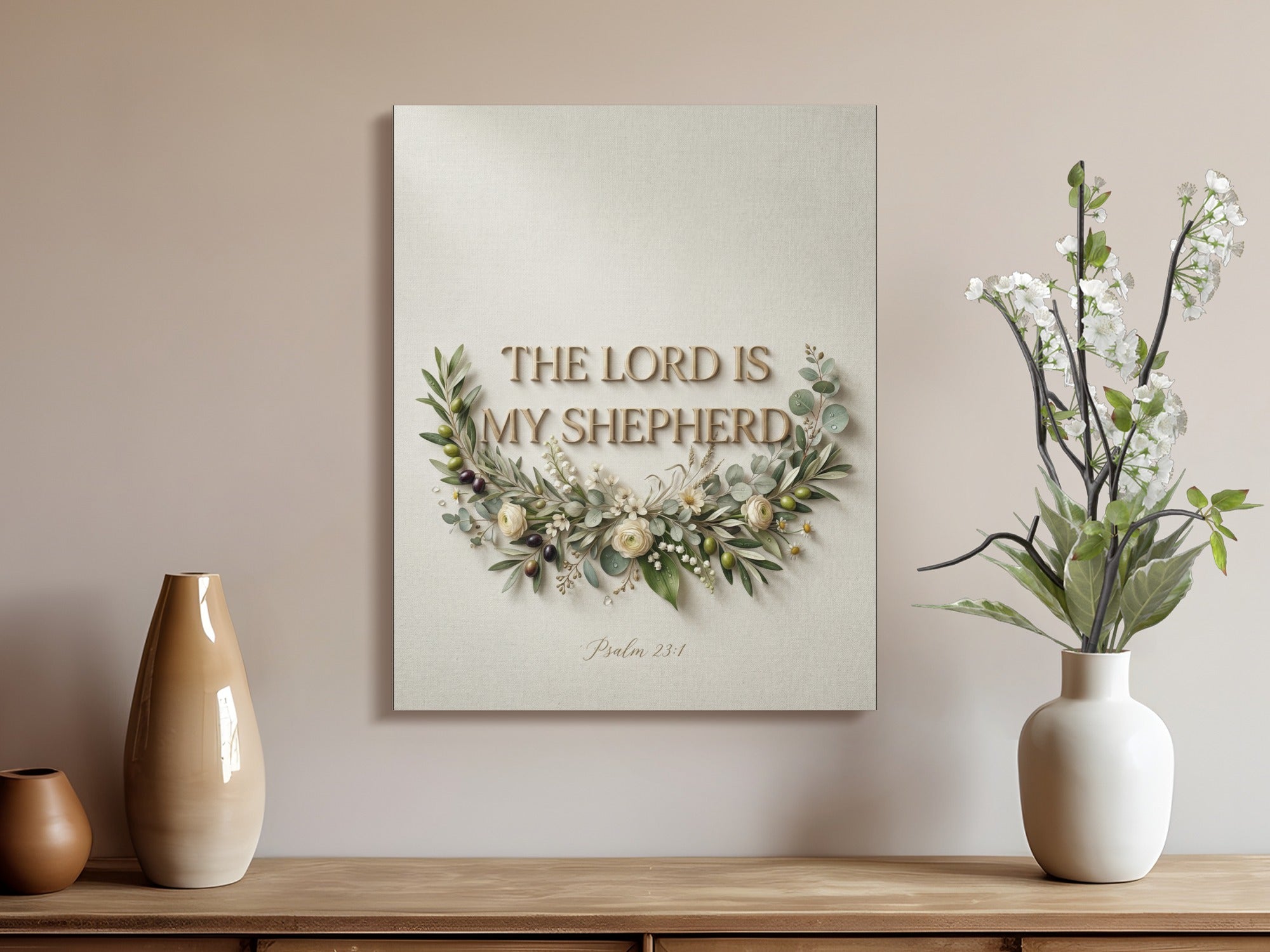 Canvas wall art with "The Lord is My Shepherd" text and floral wreath.