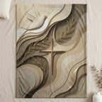 Textured throw blanket with a cross, dove, and olive branches design.
