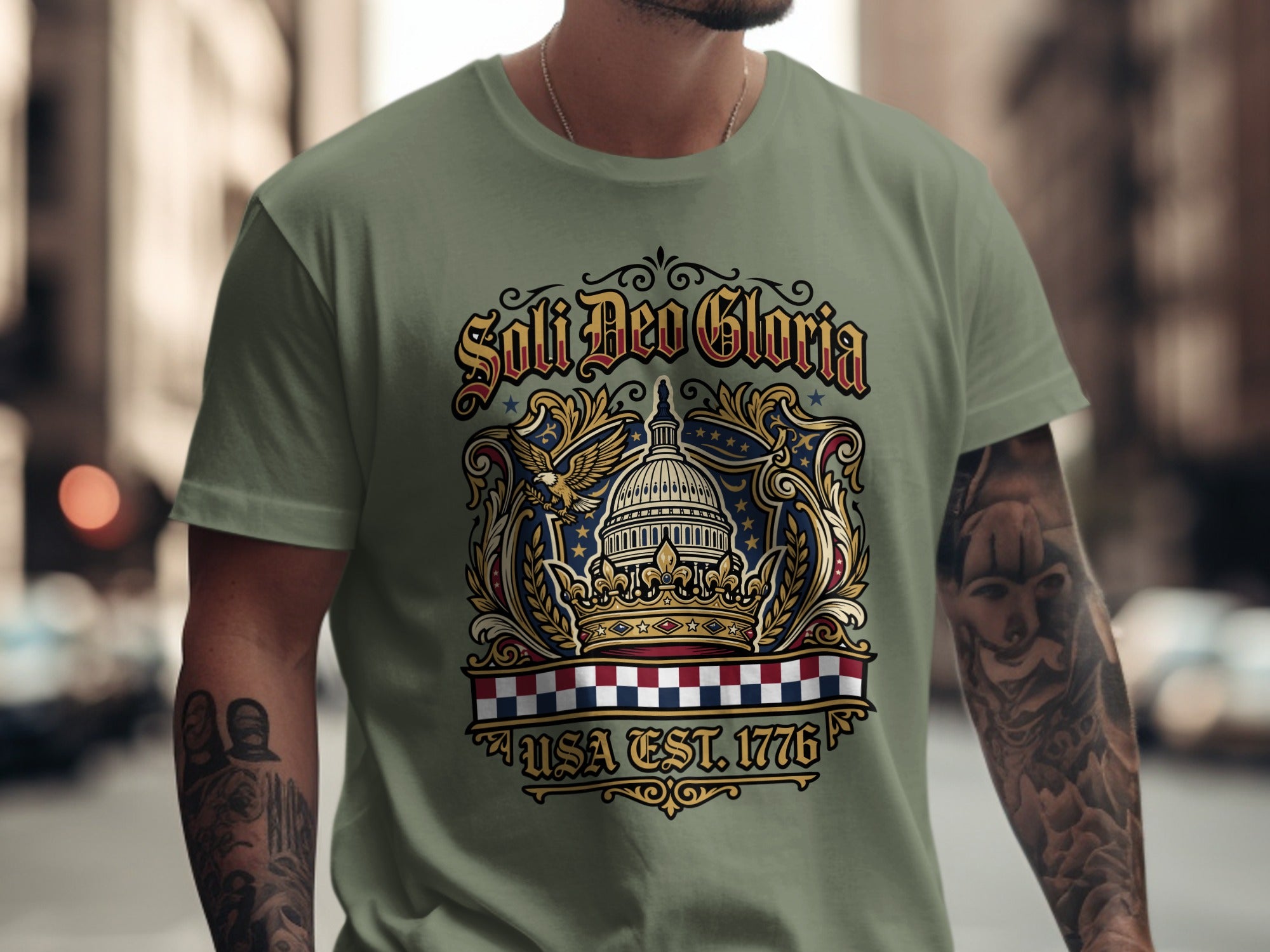 Green t-shirt with "Soli Deo Gloria USA Est. 1776" and Capitol building graphic.