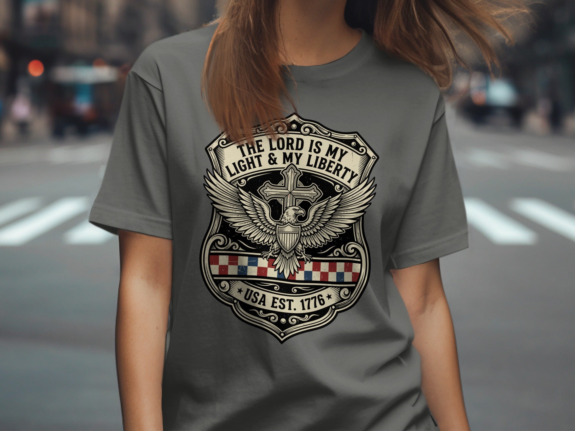 Grey t-shirt with shield, eagle, and text "The Lord is my light & my liberty USA Est. 1776".