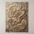 Ornate religious tapestry featuring a cross, dove, wheat, and flowing fabric textures.