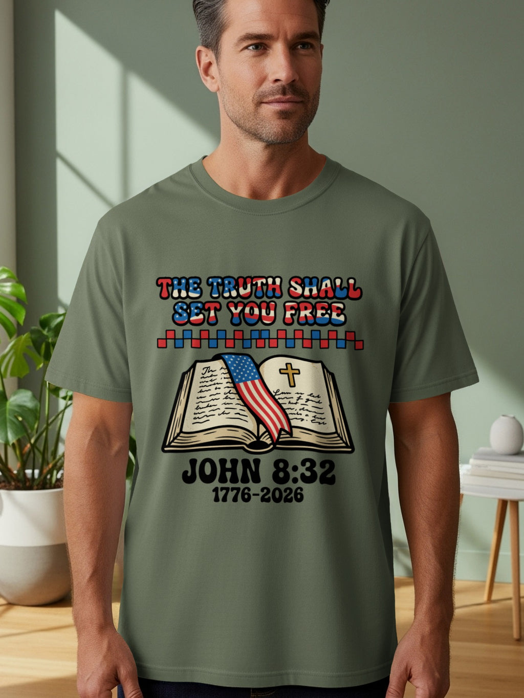 T-shirt with text "THE TRUTH SHALL SET YOU FREE" and Bible with American flag.