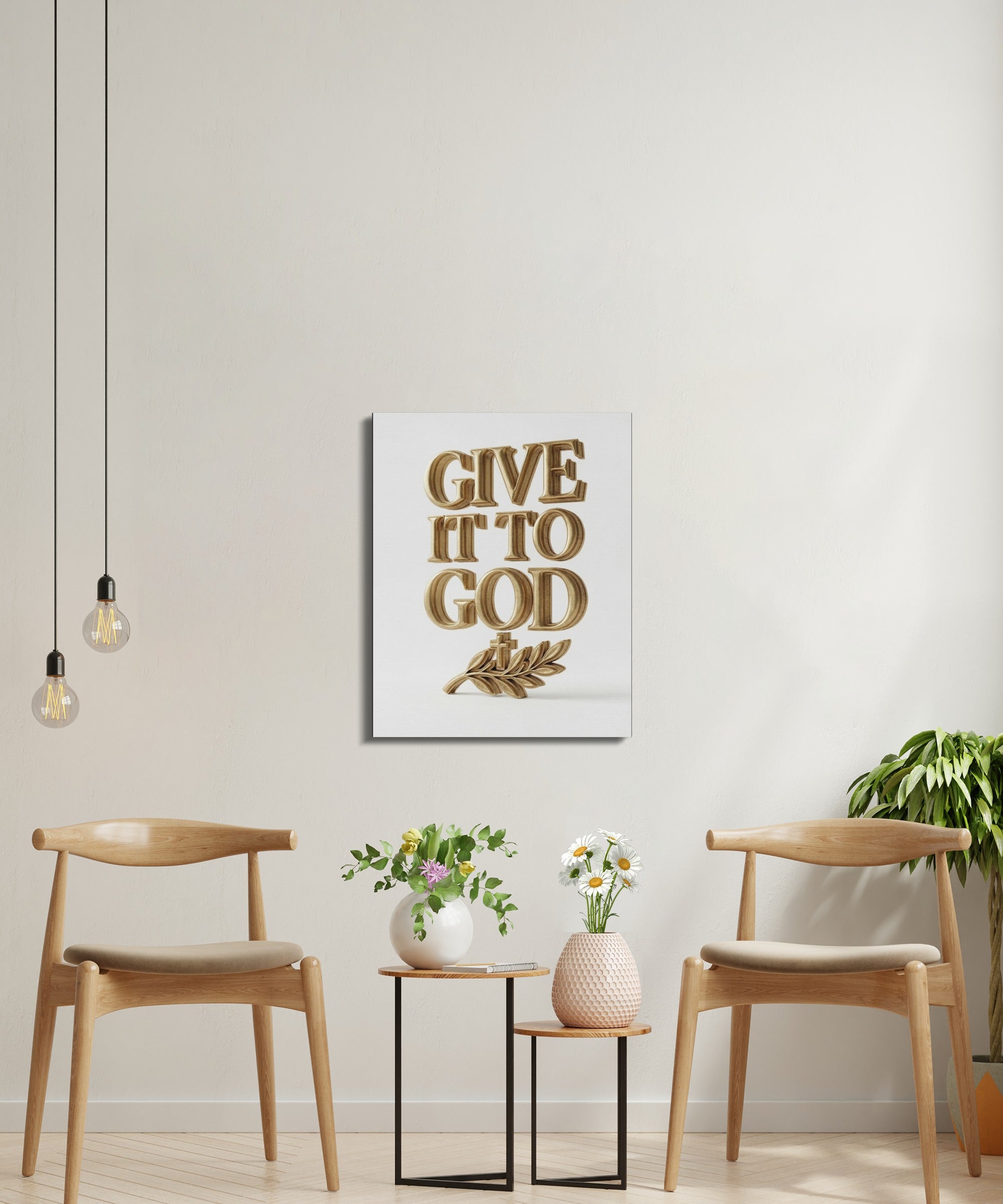 Gold lettering on canvas reads "GIVE IT TO GOD" with a cross and laurel wreath.