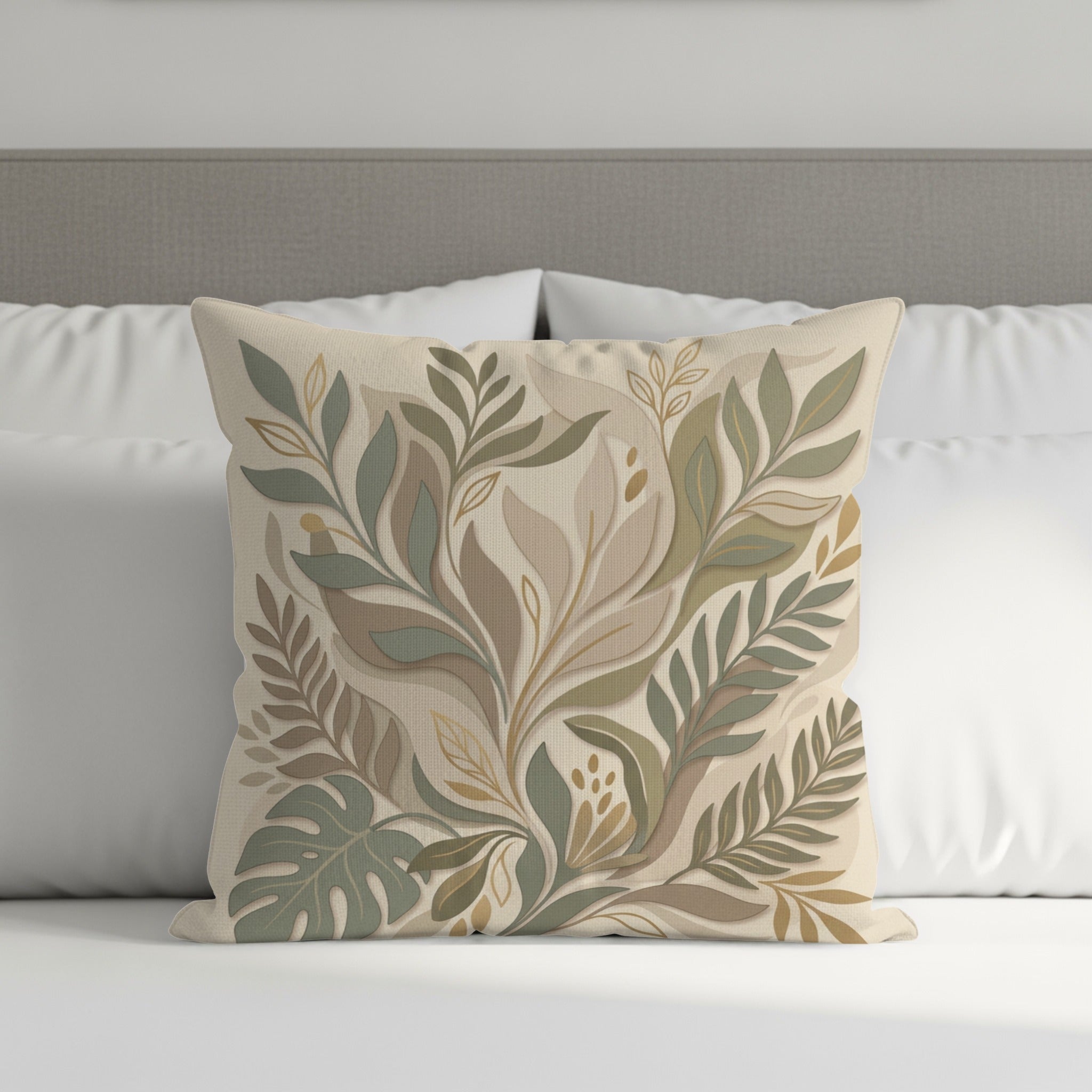 Decorative square pillow with a botanical leaf design in muted greens and beige.