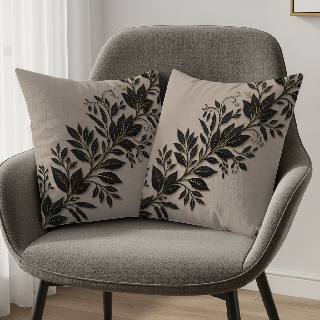 Two beige throw pillows with black floral vine designs on a grey armchair.