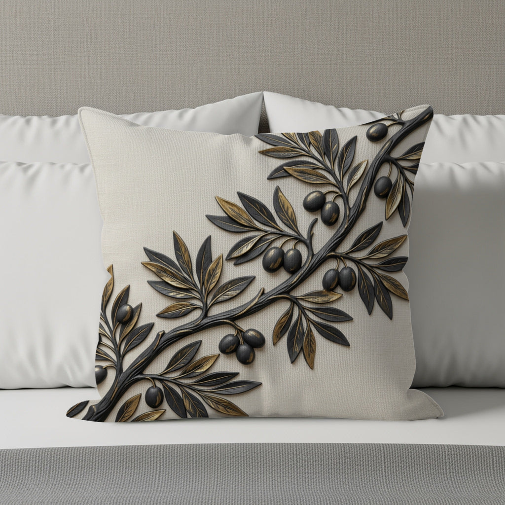 Textured cream pillow with raised dark olive branch and olives.