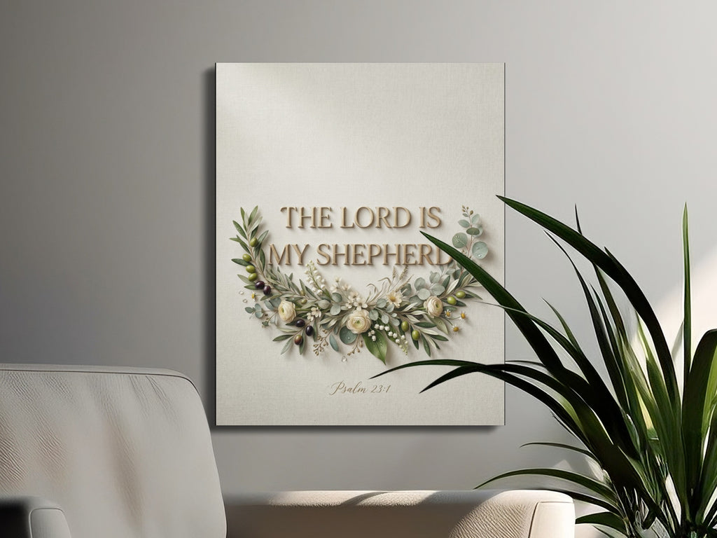 The Lord is my Shepherd Psalm 23:1 wall art with floral wreath.