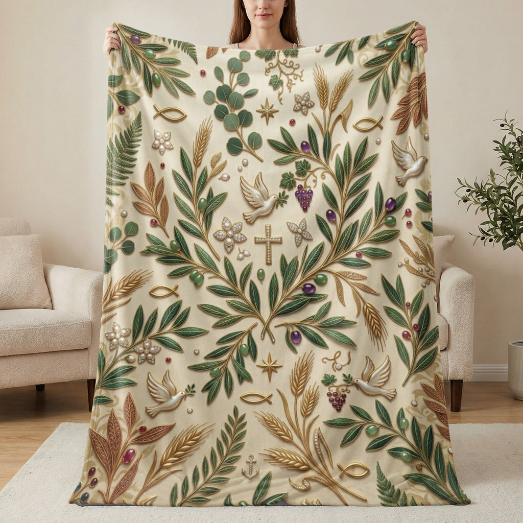 Blanket with a botanical pattern of olive branches, doves, fish, and crosses.