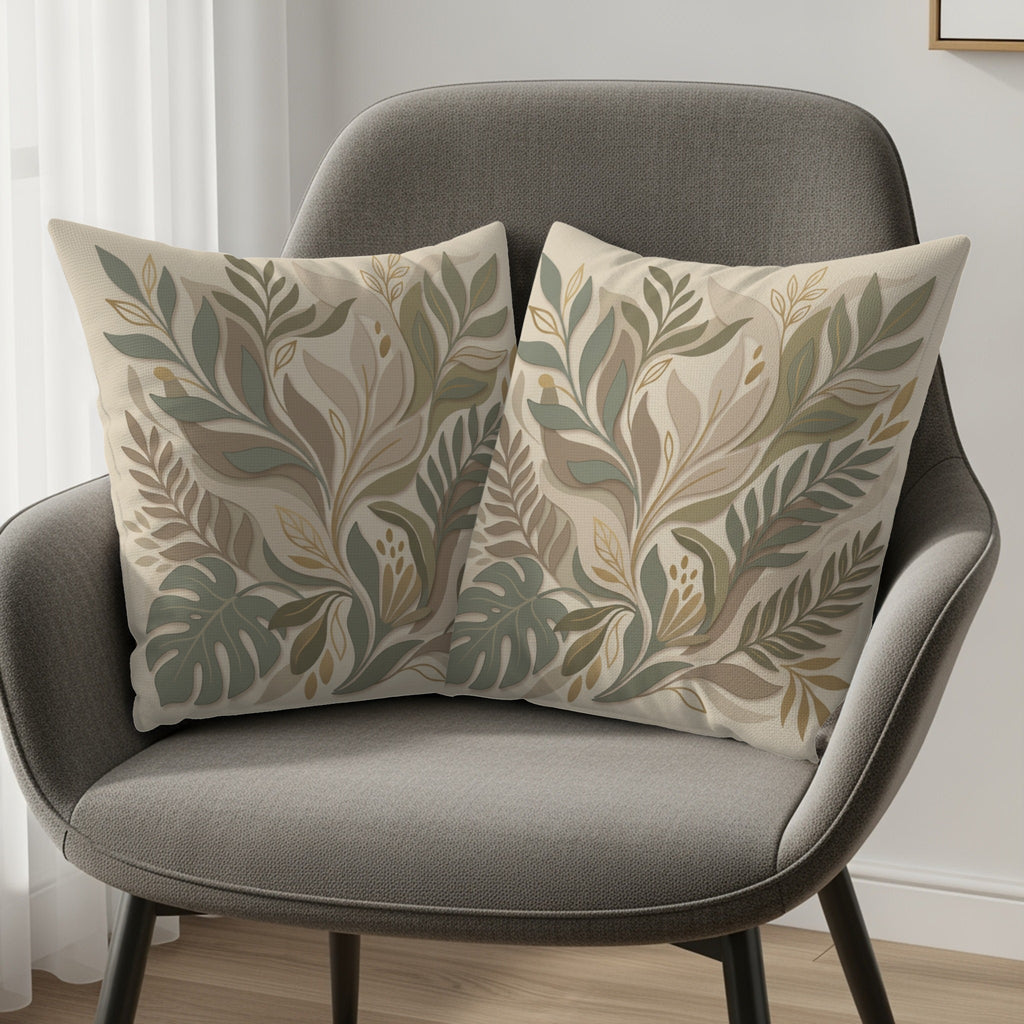 Two decorative throw pillows with a muted botanical leaf pattern rest on a gray chair.