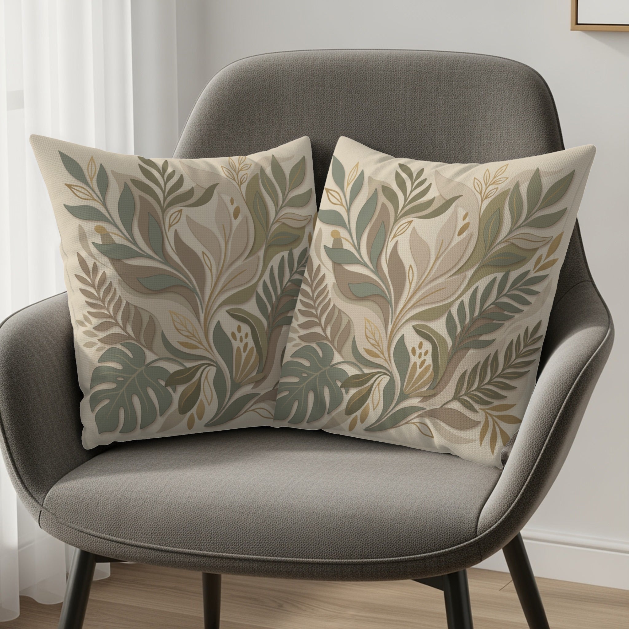 Two decorative throw pillows with a muted botanical leaf pattern rest on a gray chair.