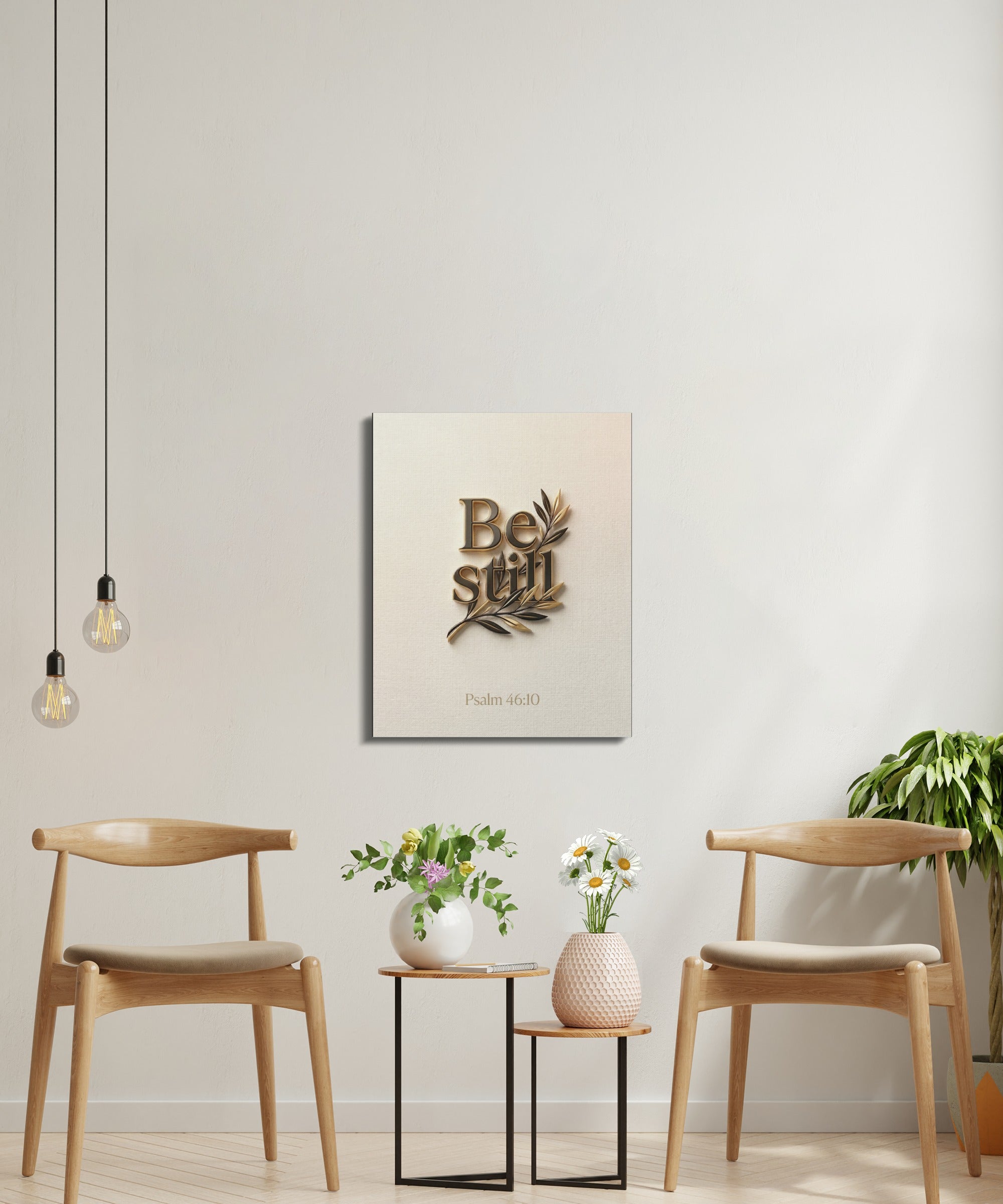 Be Still wall art with bible verse Psalm 46:10 displayed above two chairs.