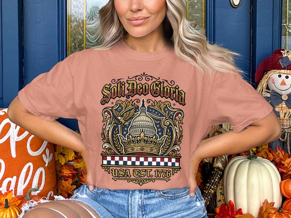 "USA Est. 1776" text on a woman wearing a distressed graphic tee.