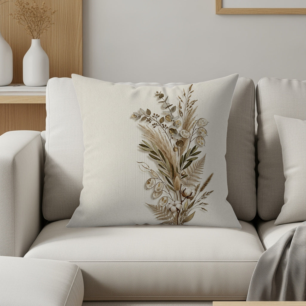 Square decorative pillow with dried floral arrangement design on a cream couch.