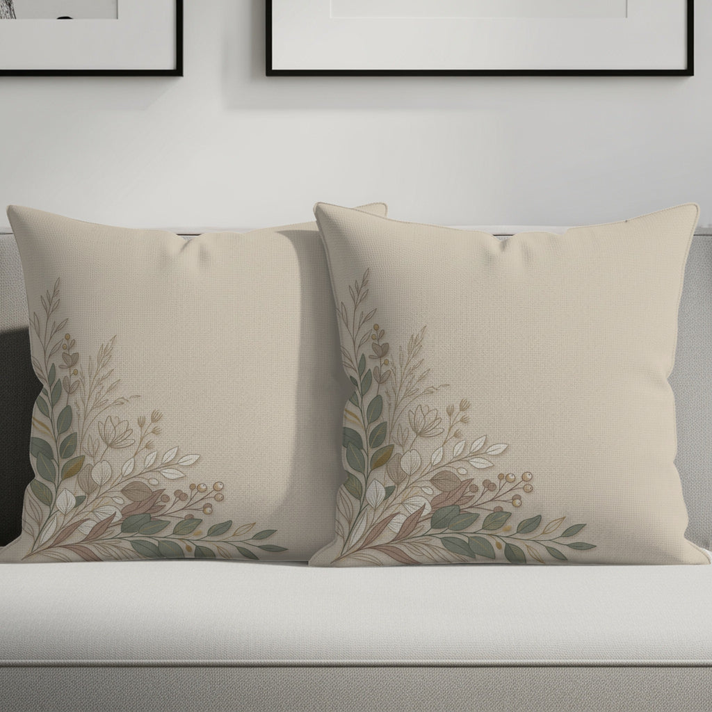 Two neutral beige pillows with delicate floral branch embroidery in earthy tones.