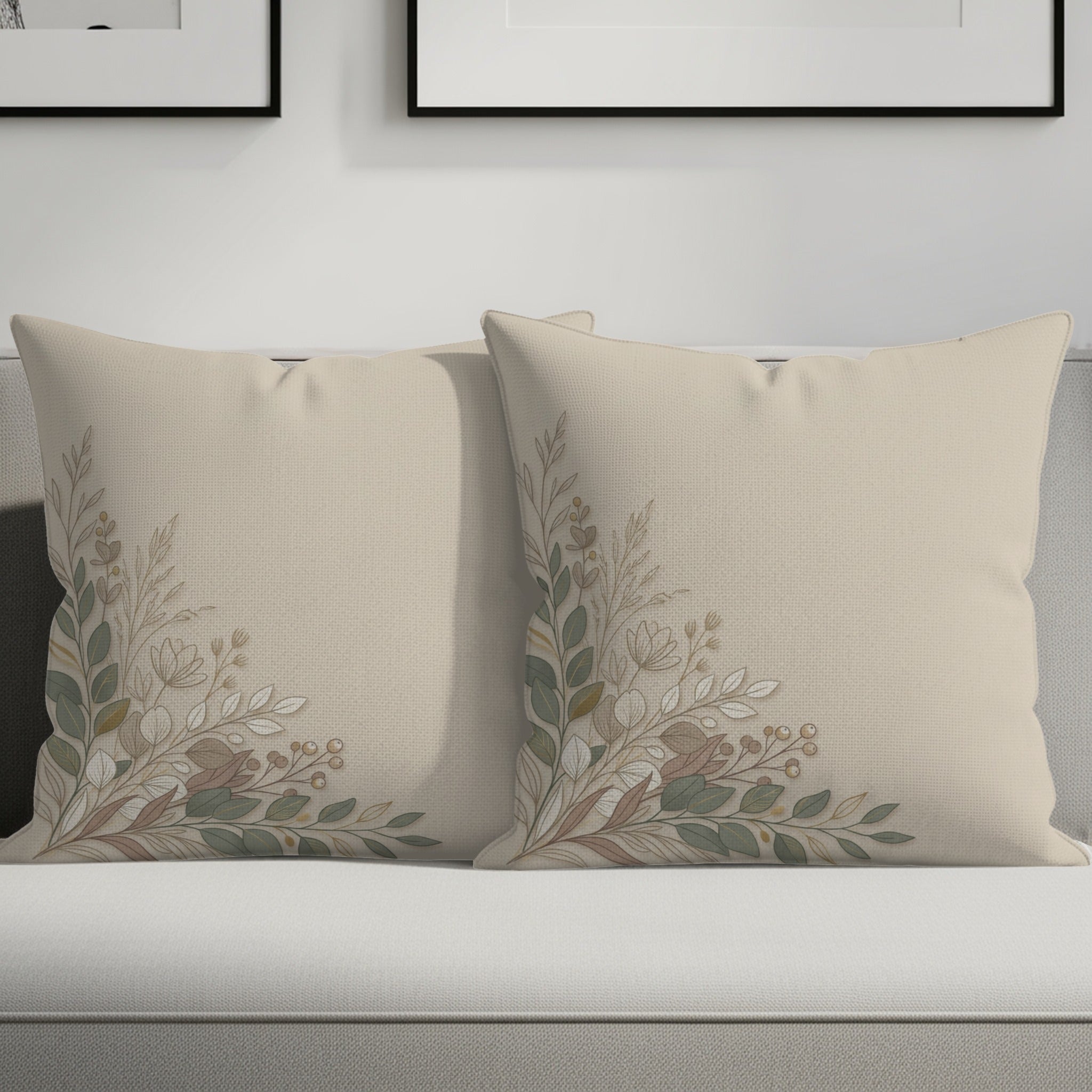 Two neutral beige pillows with delicate floral branch embroidery in earthy tones.