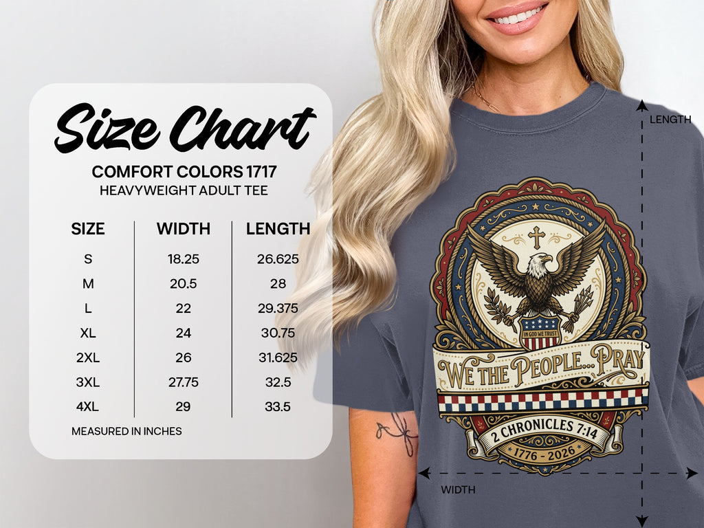 Comfort Colors 1717 heavyweight adult tee size chart with eagle graphic.