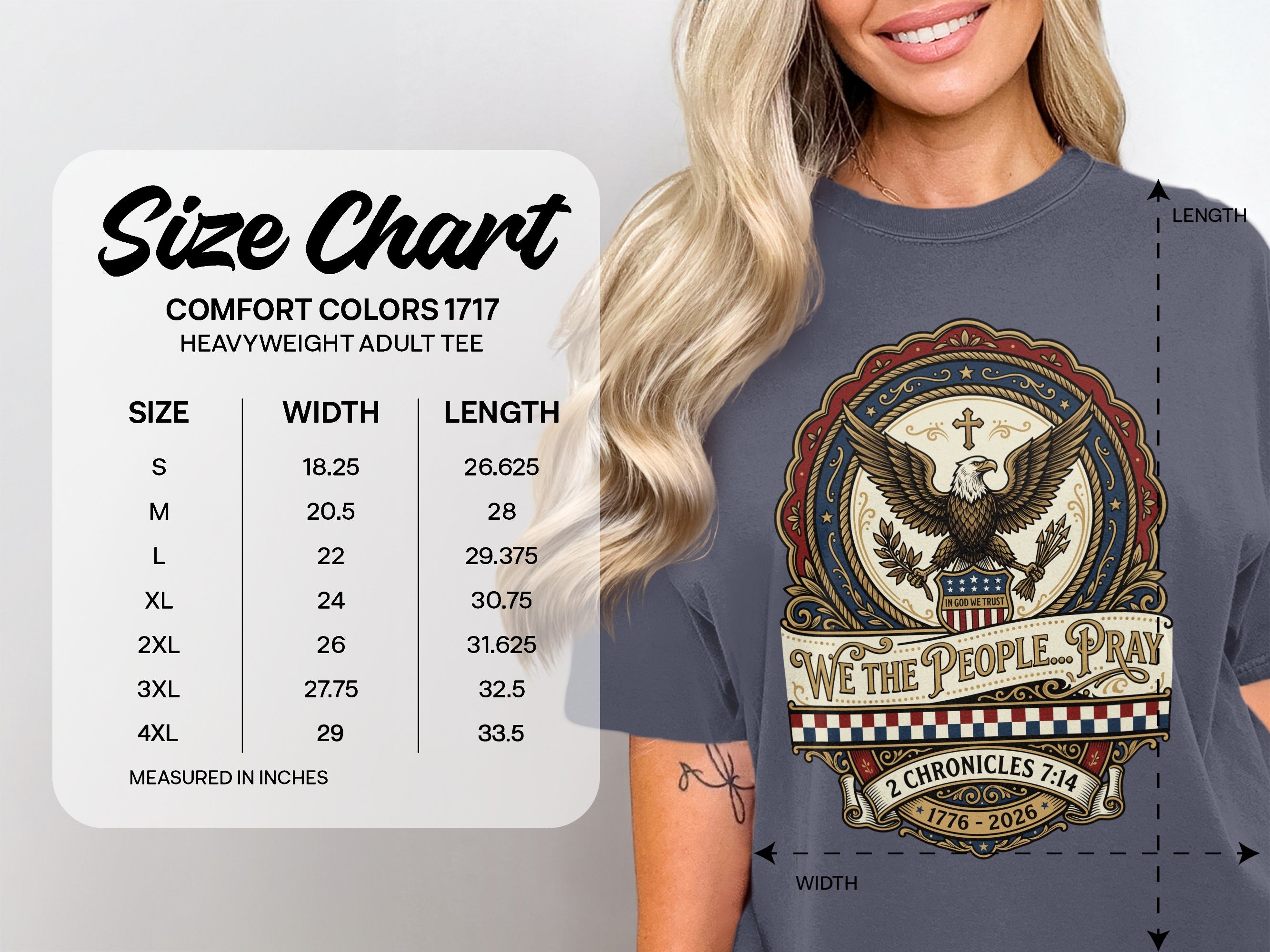 Comfort Colors 1717 heavyweight adult tee size chart with eagle graphic.