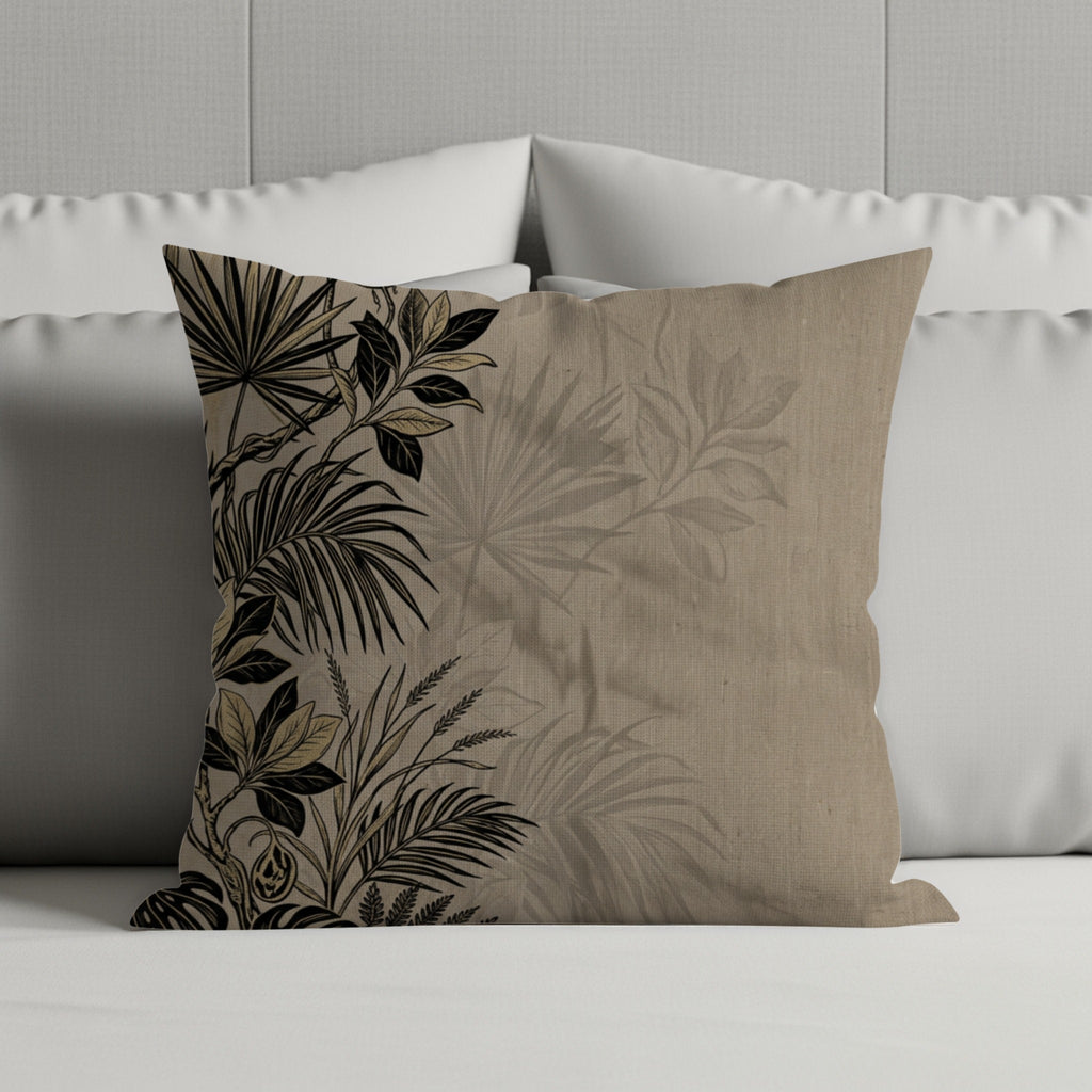 Square throw pillow with a tan background and a dark botanical print on the left.