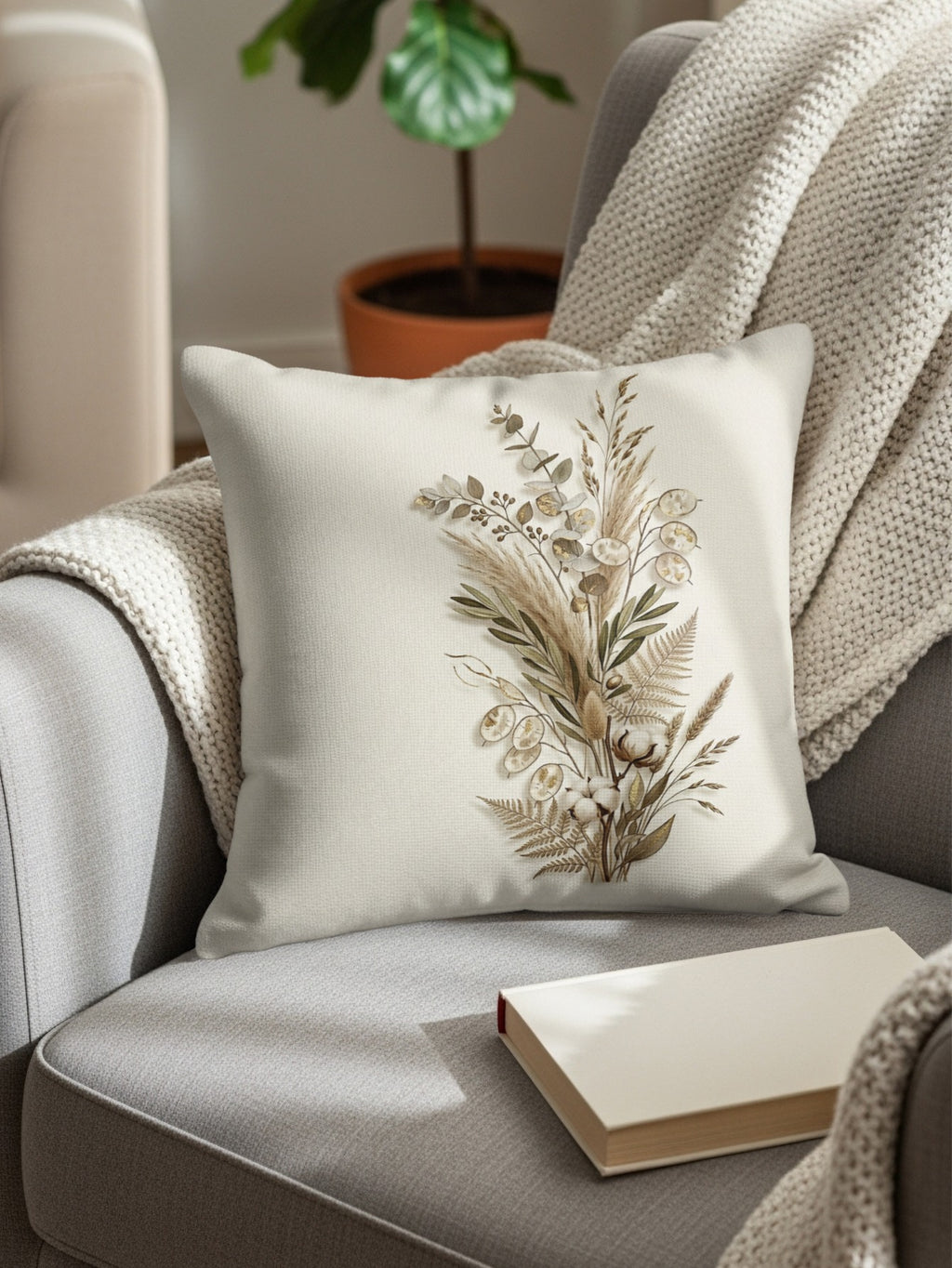 Neutral-toned throw pillow with dried botanical arrangement on a grey chair.