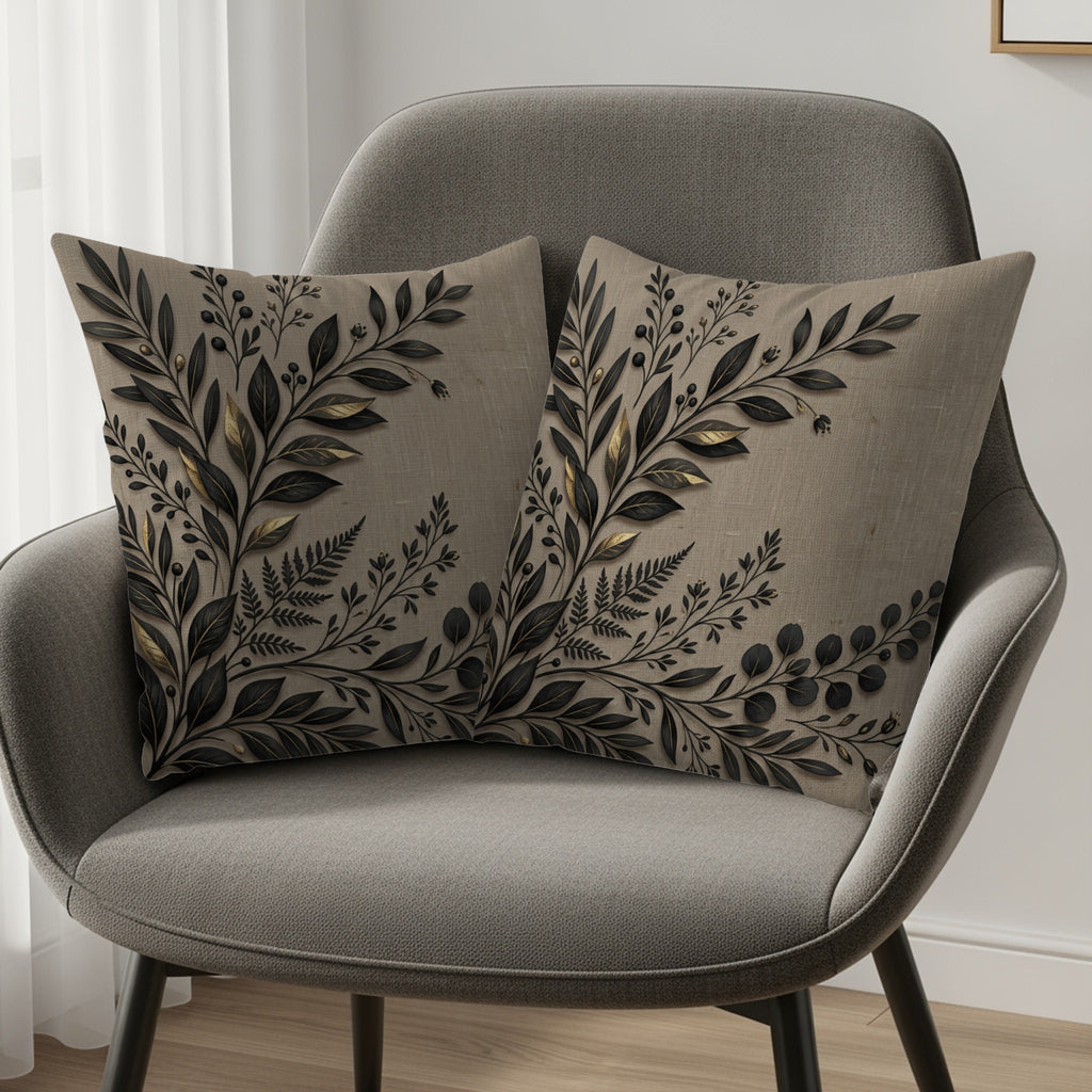Two decorative throw pillows with botanical leaf designs on a gray chair.