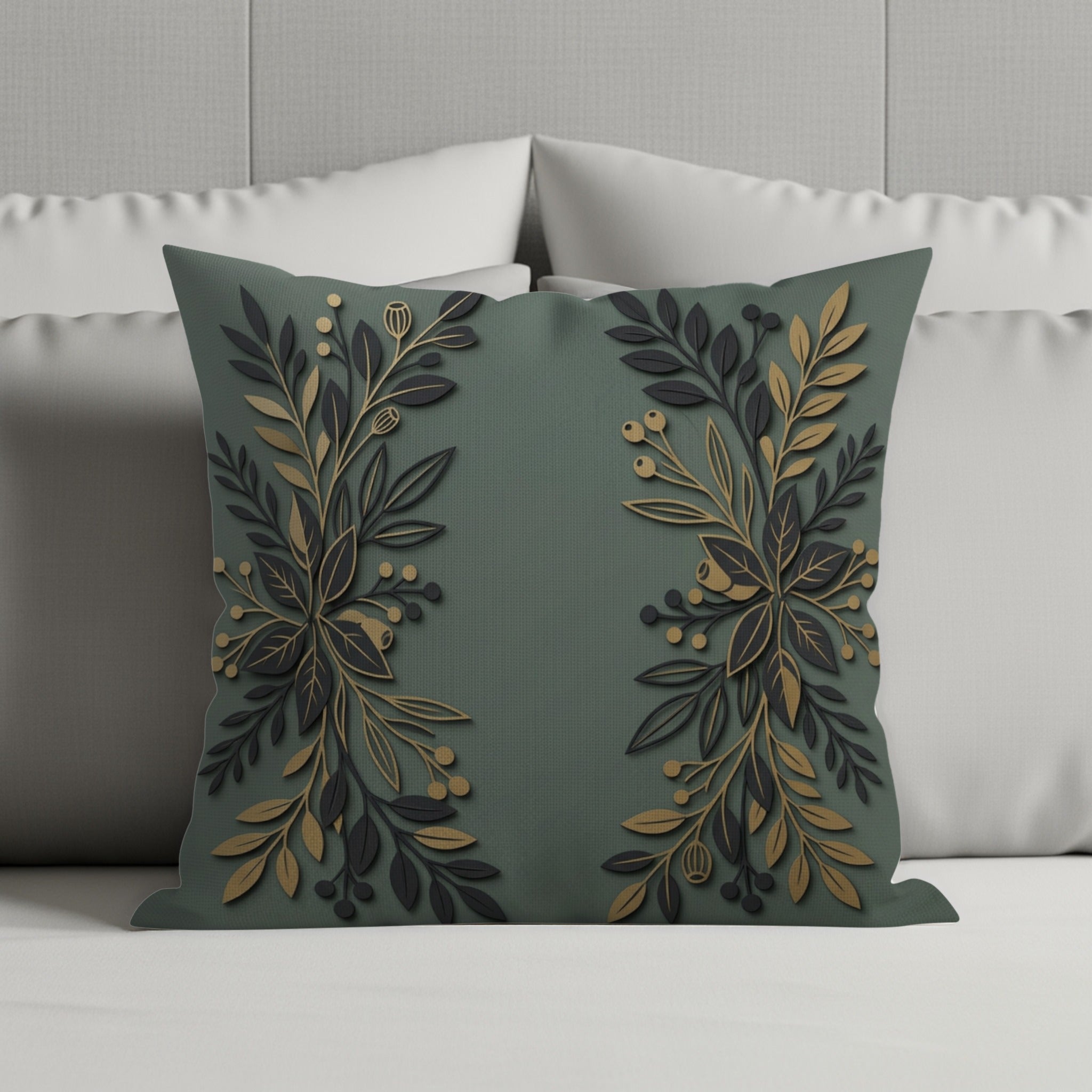 Dark green decorative pillow with gold and black floral branches.