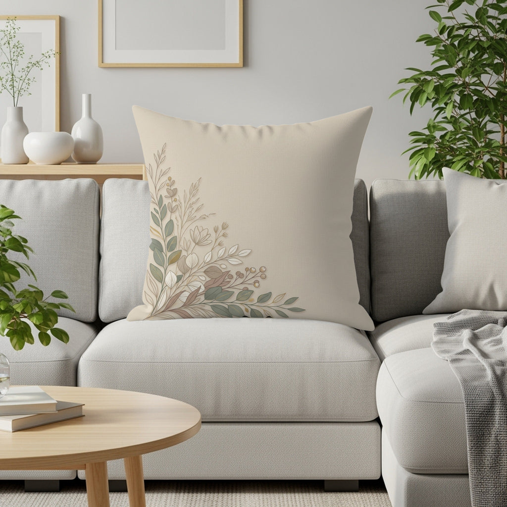 Beige throw pillow with a delicate floral corner design on a sofa.