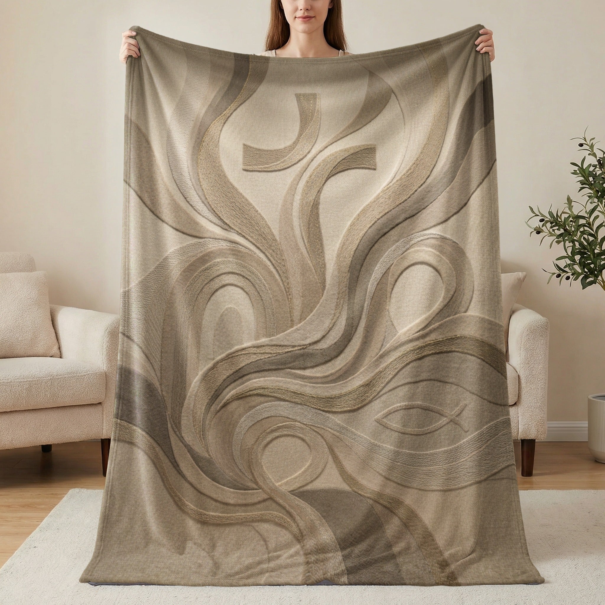 Textured blanket with flowing lines, abstract cross, and small fish symbol.