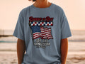 T-shirt with American flag and text "Running the Race 1776-2026".