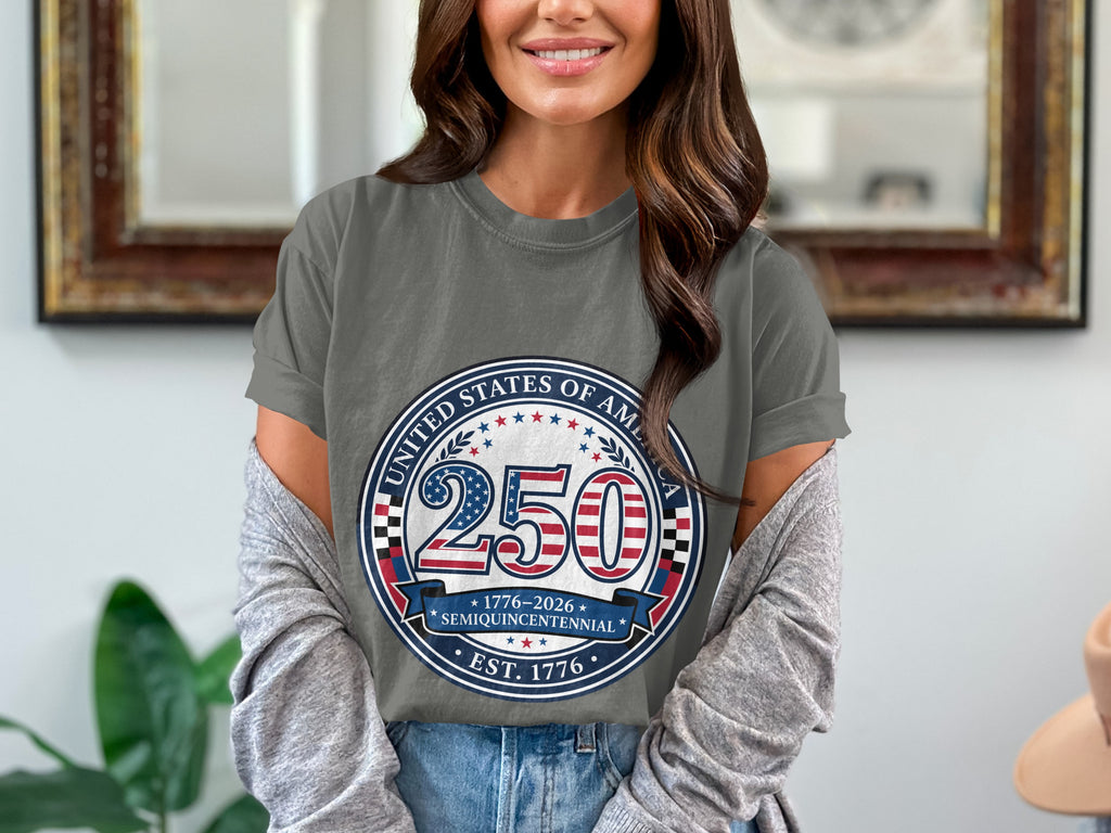 "250" graphic with "United States of America Semiquincentennial" text on a gray t-shirt.