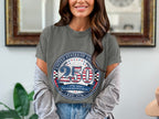 "250" graphic with "United States of America Semiquincentennial" text on a gray t-shirt.
