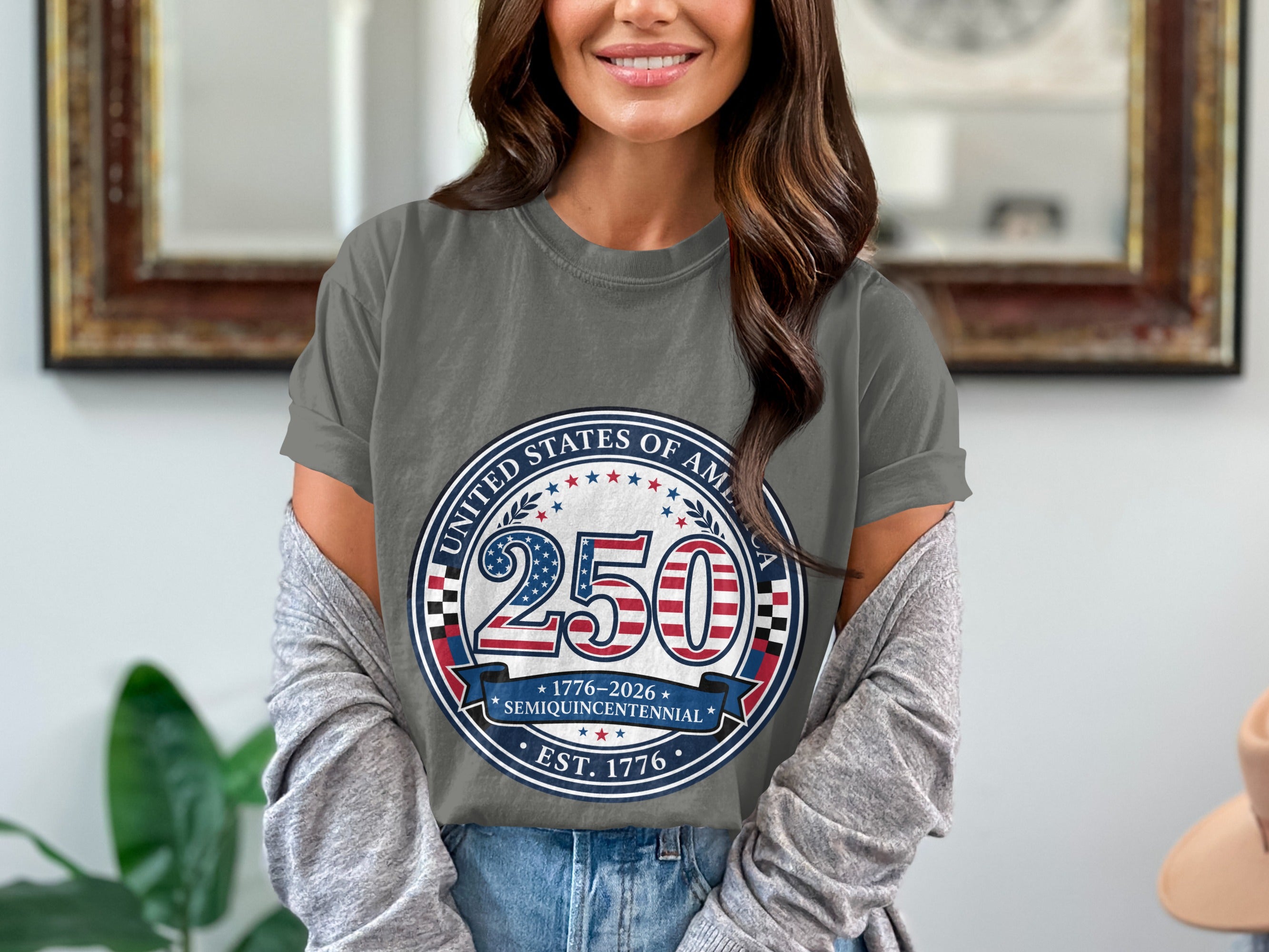 "250" graphic with "United States of America Semiquincentennial" text on a gray t-shirt.