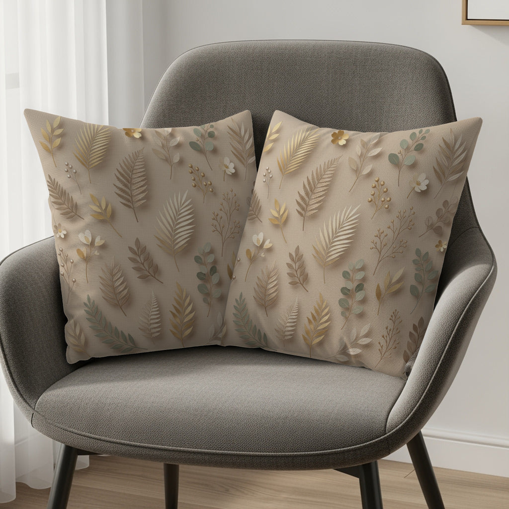 Two decorative throw pillows with a subtle floral and leaf pattern on a chair.