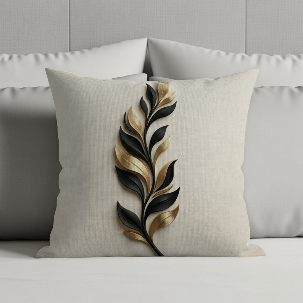 Cream pillow with a black and gold leaf design on a bed.