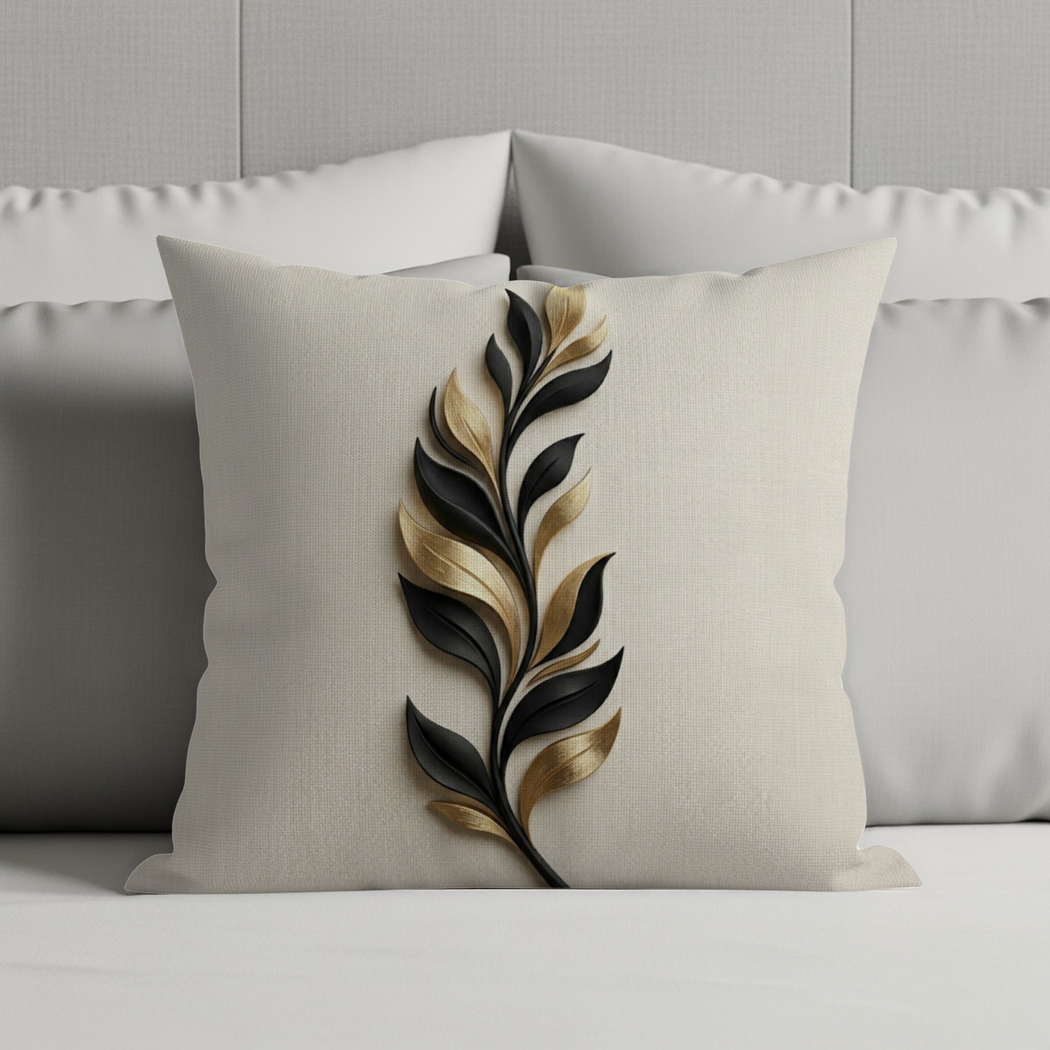 Cream pillow with a black and gold leaf design on a bed.