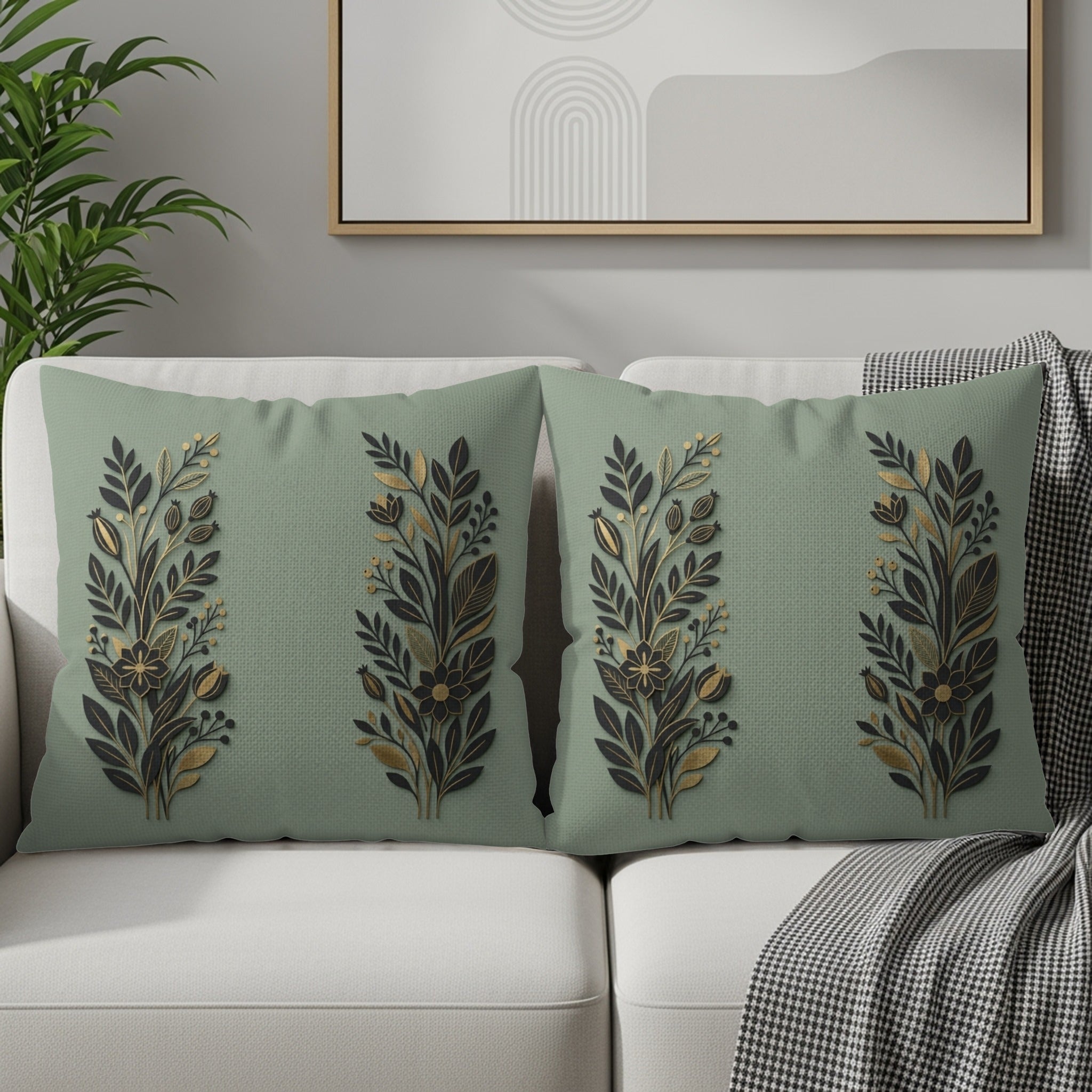 Two sage green throw pillows with gold floral designs on a sofa.