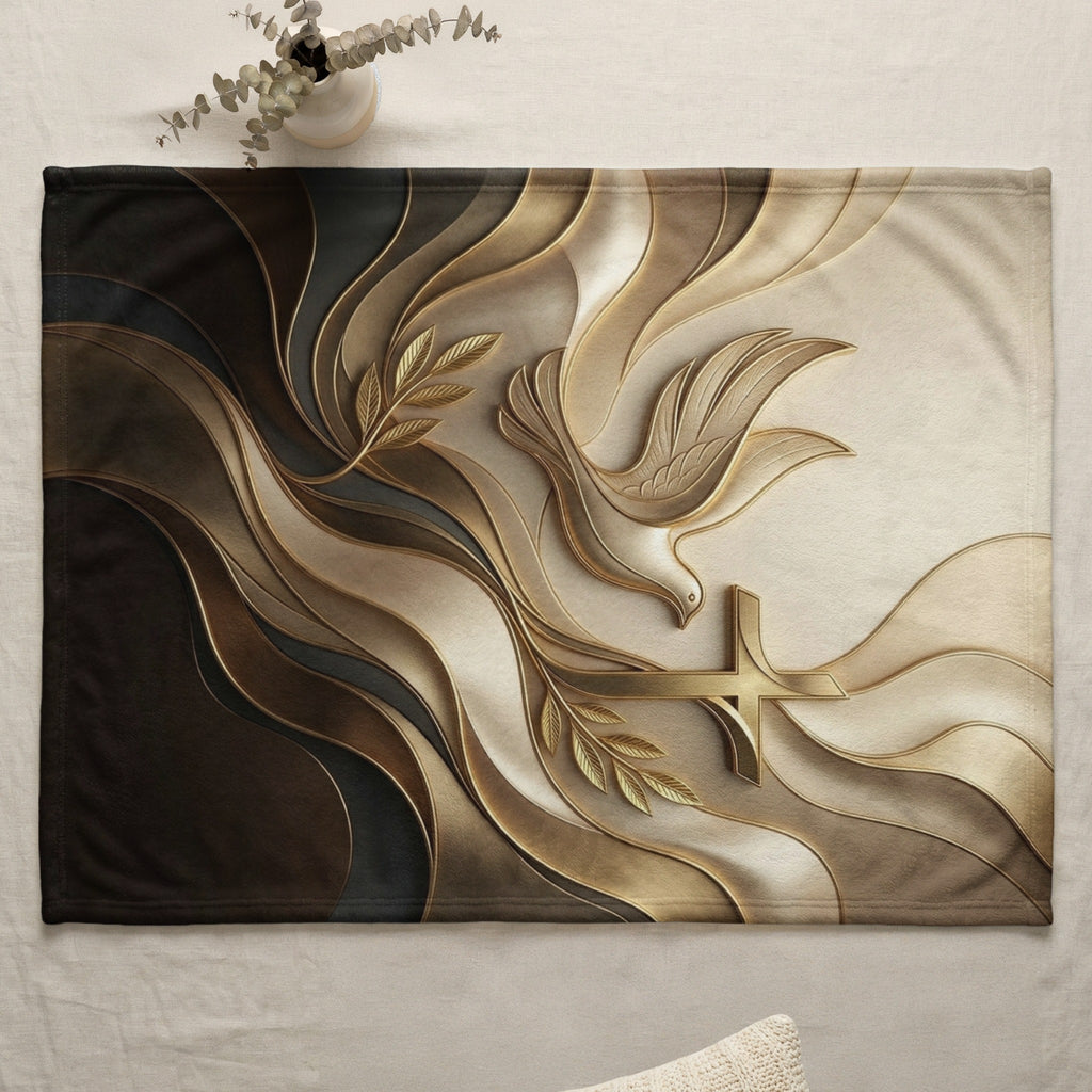 Golden dove and cross with olive branches on textured background.