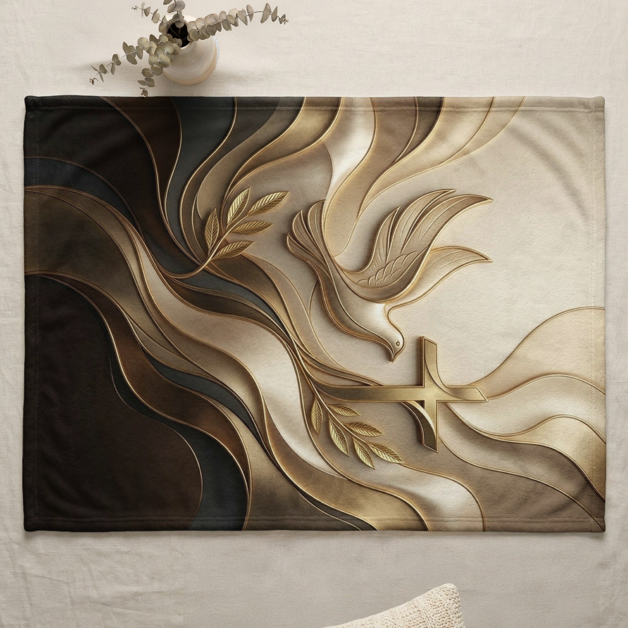 Golden dove and cross with olive branches on textured background.