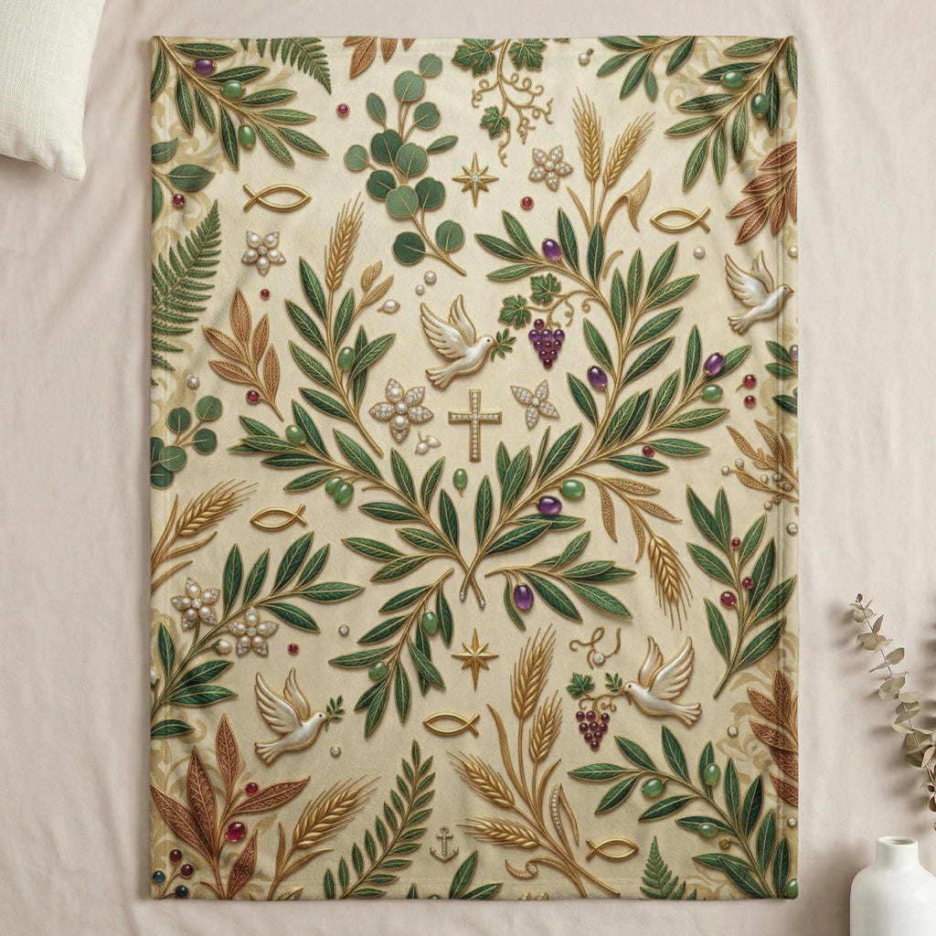 Christian symbols and greenery pattern on a beige blanket.