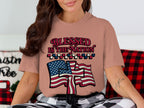 T-shirt with "Blessed is the Nation" text and American flag design.